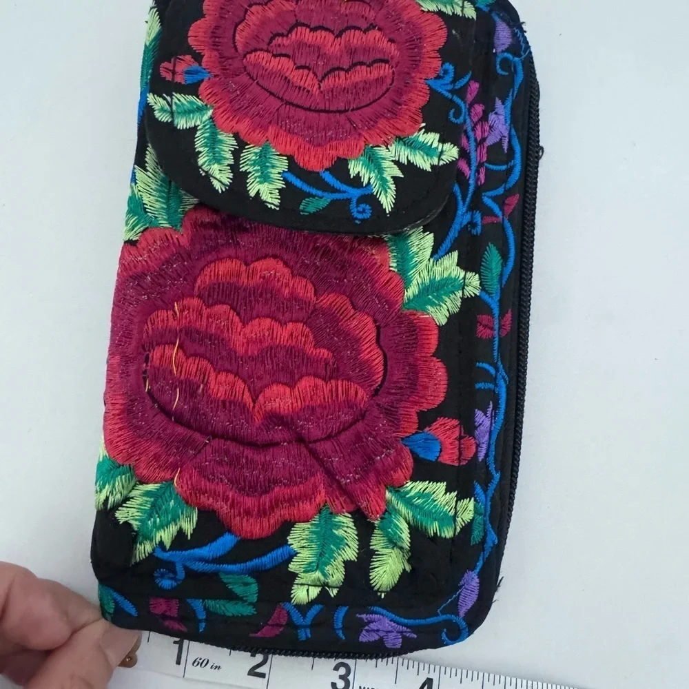 Floral Embroidered Wallet - Red and Green